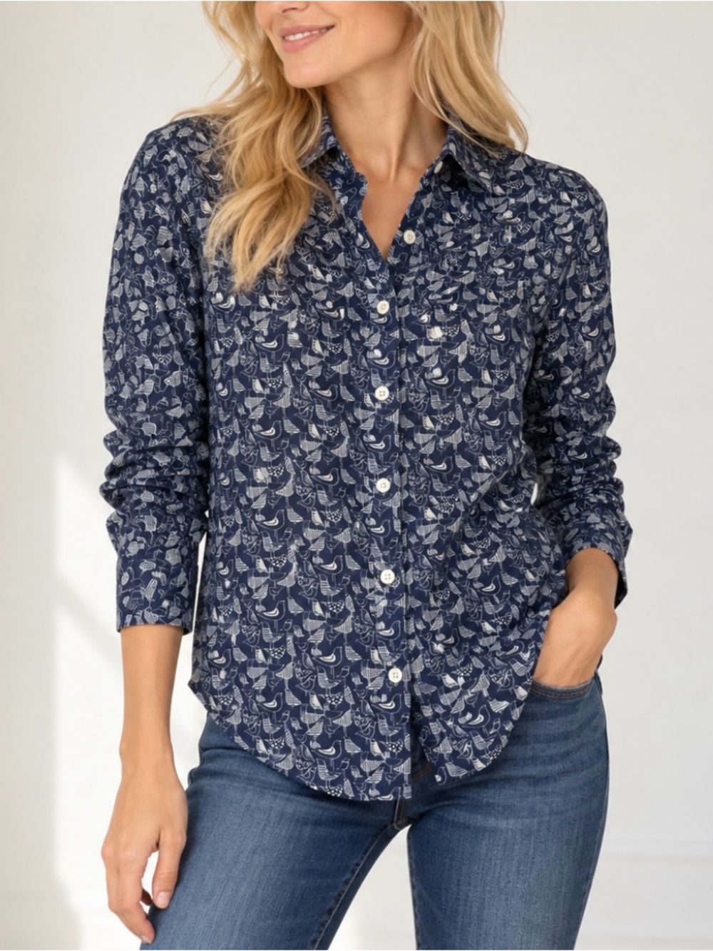 J.Crew Women’s Boy Shirt Novelty Bird Print Cotton Silk Navy Button Down Size 4